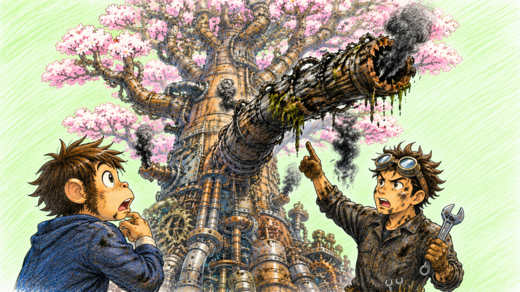 【剪定小説】サクラの剪定：蒸気駆動式ノコギリと枯れ枝に眠る古代兵器の謎