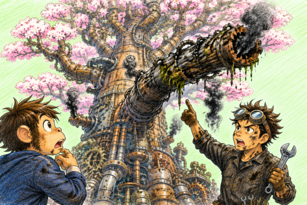 【剪定小説】サクラの剪定：蒸気駆動式ノコギリと枯れ枝に眠る古代兵器の謎